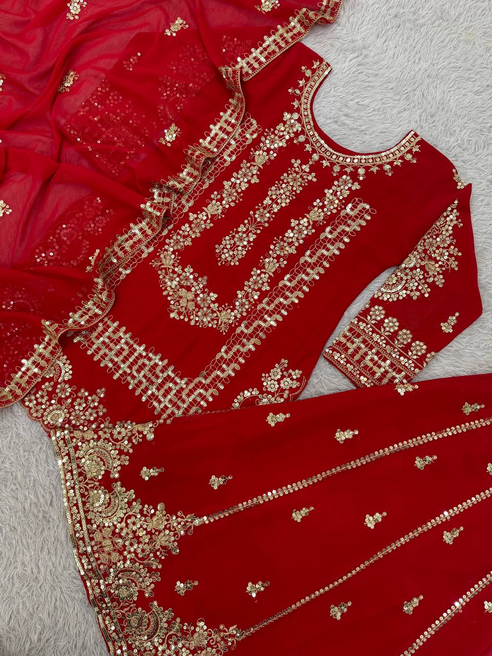 Prazu Fashion Red Georgette Embroidered Sequin Palazzo Suit | Grocsy
