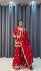 Prazu Fashion Red Georgette Embroidered Sequin Palazzo Suit | Grocsy