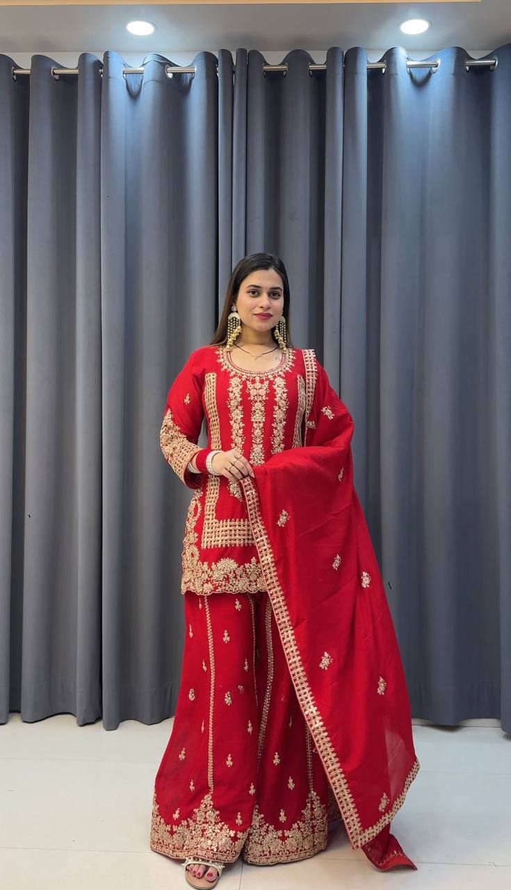 Prazu Fashion Red Georgette Embroidered Sequin Palazzo Suit | Grocsy