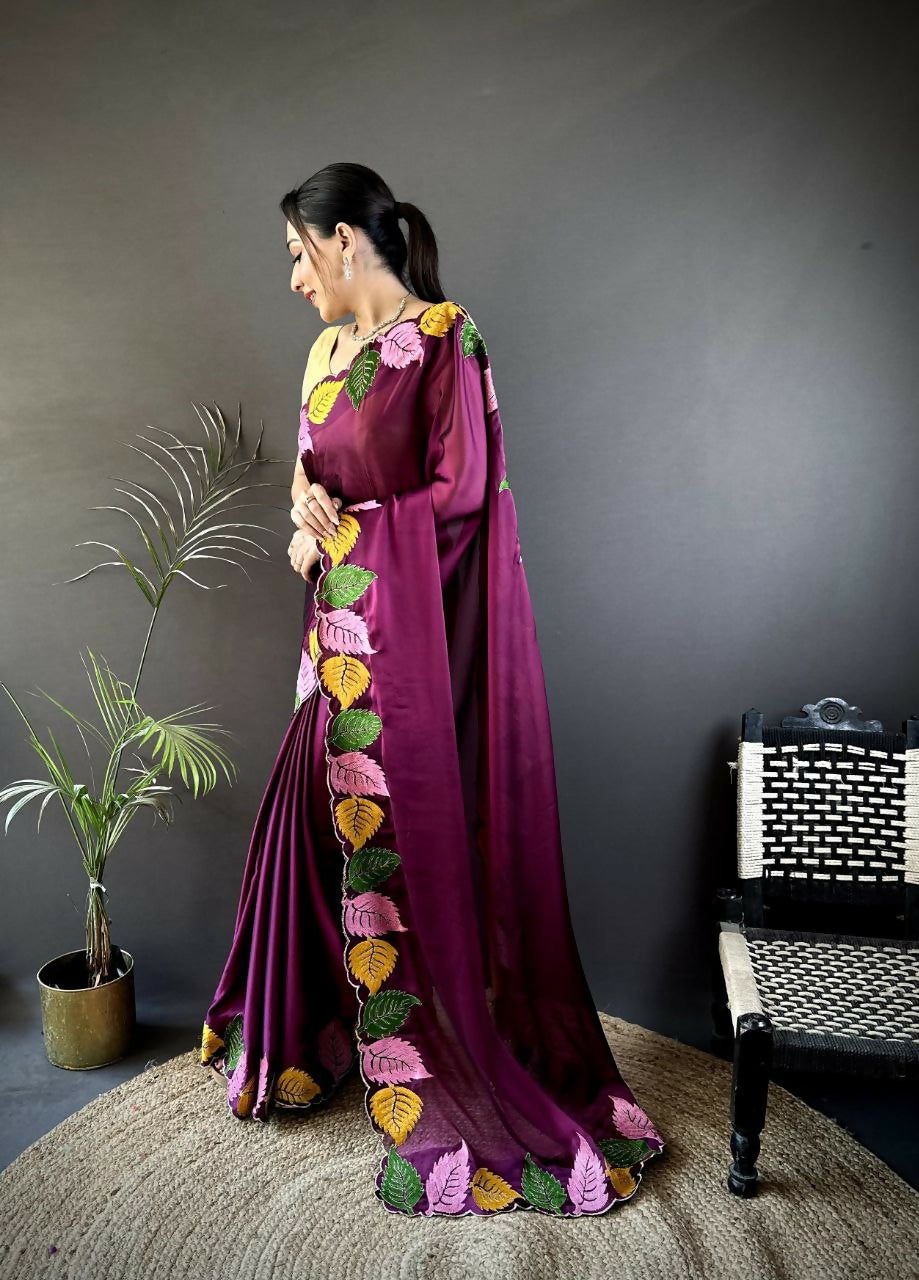 Prime Volt Multicolor Leaf Embroidery Rangoli Silk Saree with Scalloped Border-Purple | Grocsy