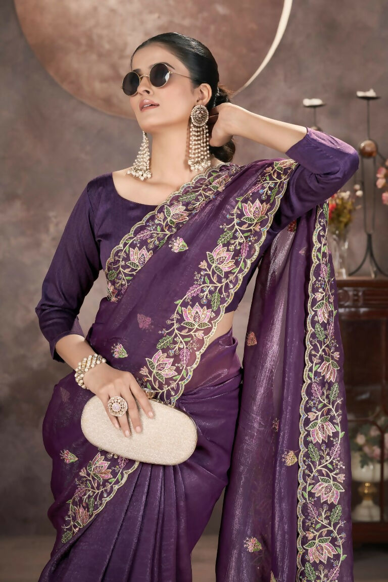 Vastranavya Gold Crunchy Multi Colour Threads Embroidery Work with Sequins Work Saree with Blouse material - Purple | Grocsy