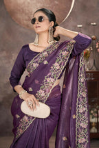 Vastranavya Gold Crunchy Multi Colour Threads Embroidery Work with Sequins Work Saree with Blouse material - Purple | Grocsy