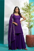 Aayaa Designer Faux Gorgette Embroidery Zari Sequins Thread work Full Flaired plazzo Suit with Dupatta - Purple | Grocsy
