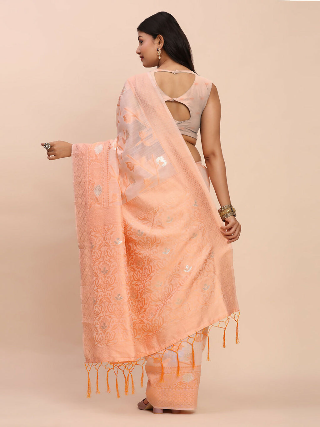 Shree Shyam Fashion Linen Cotton Peach Saree | Grocsy