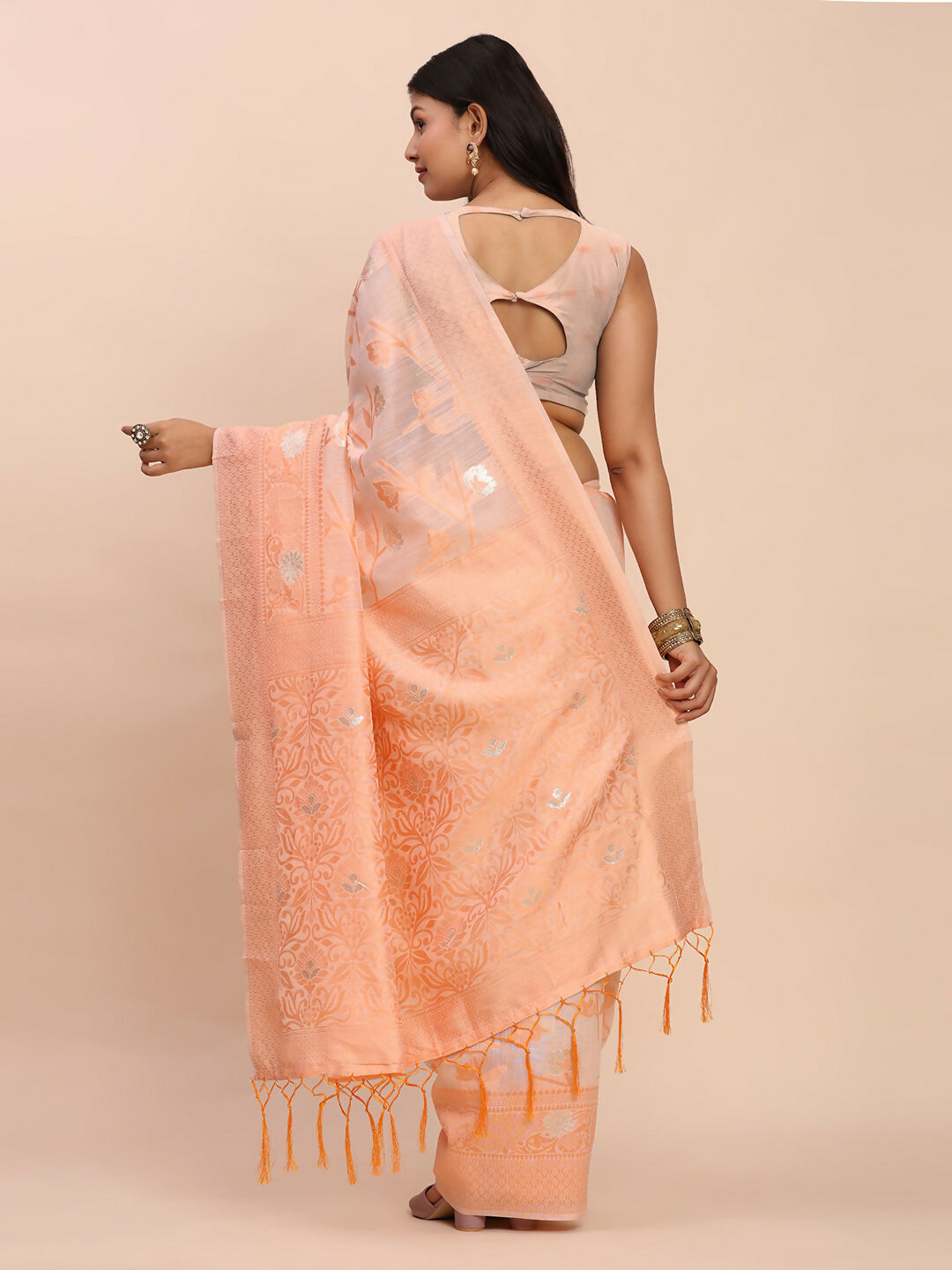 Shree Shyam Fashion Linen Cotton Peach Saree | Grocsy