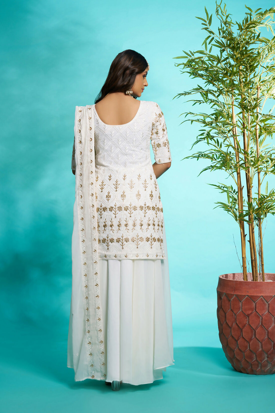 Aayaa Designer Faux Gorgette Embroidery Zari Sequins Thread work Full Flaired plazzo Suit with Dupatta - Off White | Grocsy