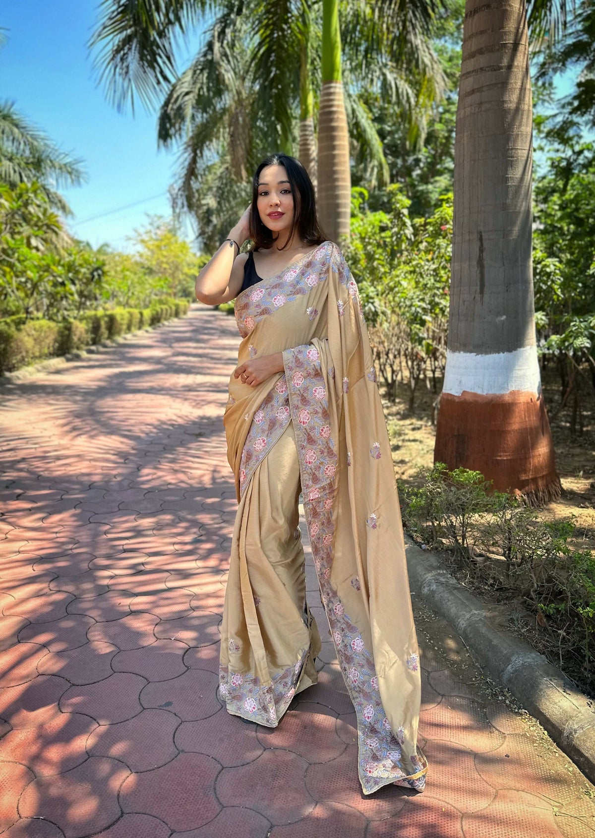 Vamsee Chinon Panchi Cream Shimmer Saree | Grocsy