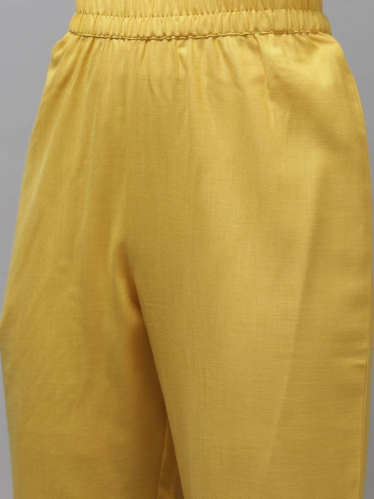 Yufta Women Mustard Yellow Layered Thread Work Kurta with Trouser and Dupatta | Grocsy