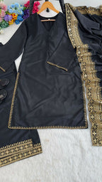 Teeya Creation New Latest Stylish Classic Black Festive Kurta Set with Gold Zari Border Palazzo and Dupatta | Grocsy