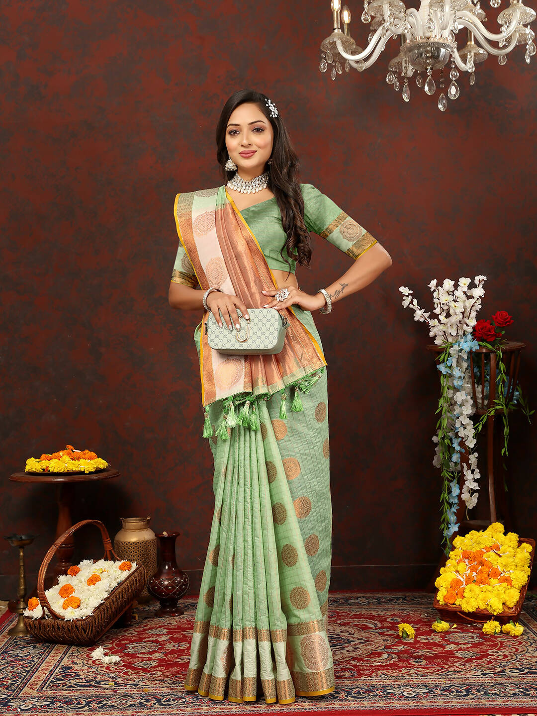 Lorenvalley Fashion Seagreen Cotton with Woven Design Zari Weaving Saree | Grocsy