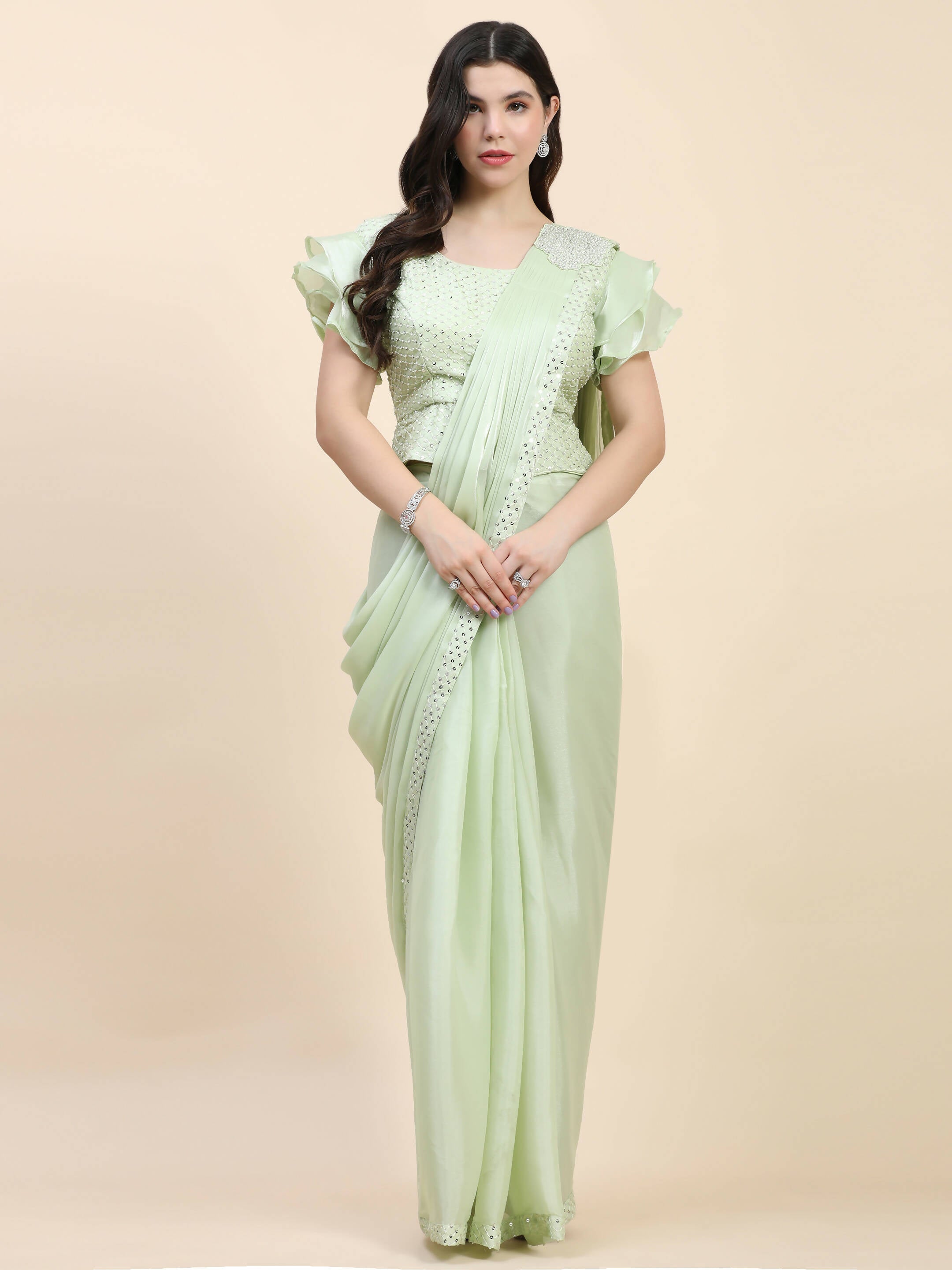 Light Green Silk Satin Sequence Work Ready to Wear Saree with stitched Blouse - Nirvana | Grocsy
