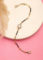 NVR Women Gold-Polished & Black Brass AD-Studded Hand Mangalsutra Link Bracelet