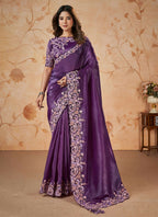Purple Banarasi Crush Silk Thread, Sequence, Cord Embroidered with Stone & Moti Work Saree - Mohmanthan Dakshika | Grocsy