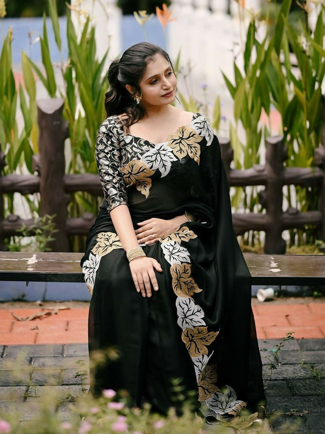 Vastranavya Satin Chiffon Silk Beautiful Designer Zari Thread Embroidery work of Leaf Design with Cutwork Border Saree with Blouse Material - Black | Grocsy