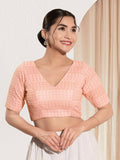 Joban Fashion Peach Crochet Padded Blouse With V Neck Elbow Sleeves | Grocsy