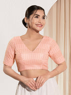 Joban Fashion Peach Crochet Padded Blouse With V Neck Elbow Sleeves | Grocsy