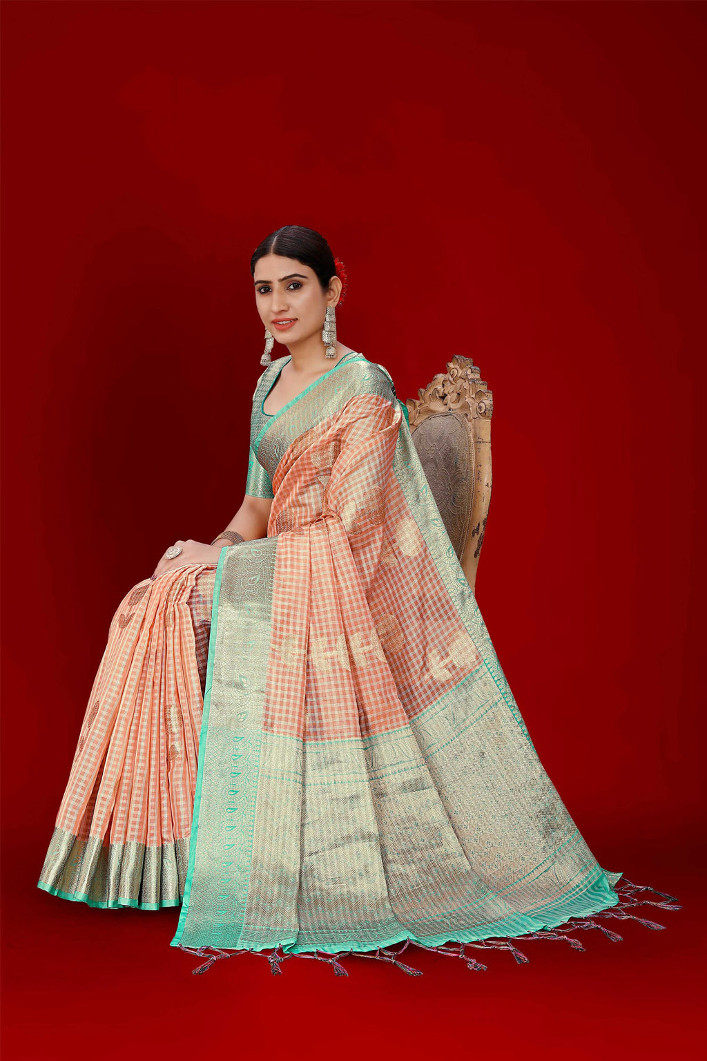 Orange Soft Organza Woven Design Saree With Unstitched Blouse Piece - Zaara | Grocsy