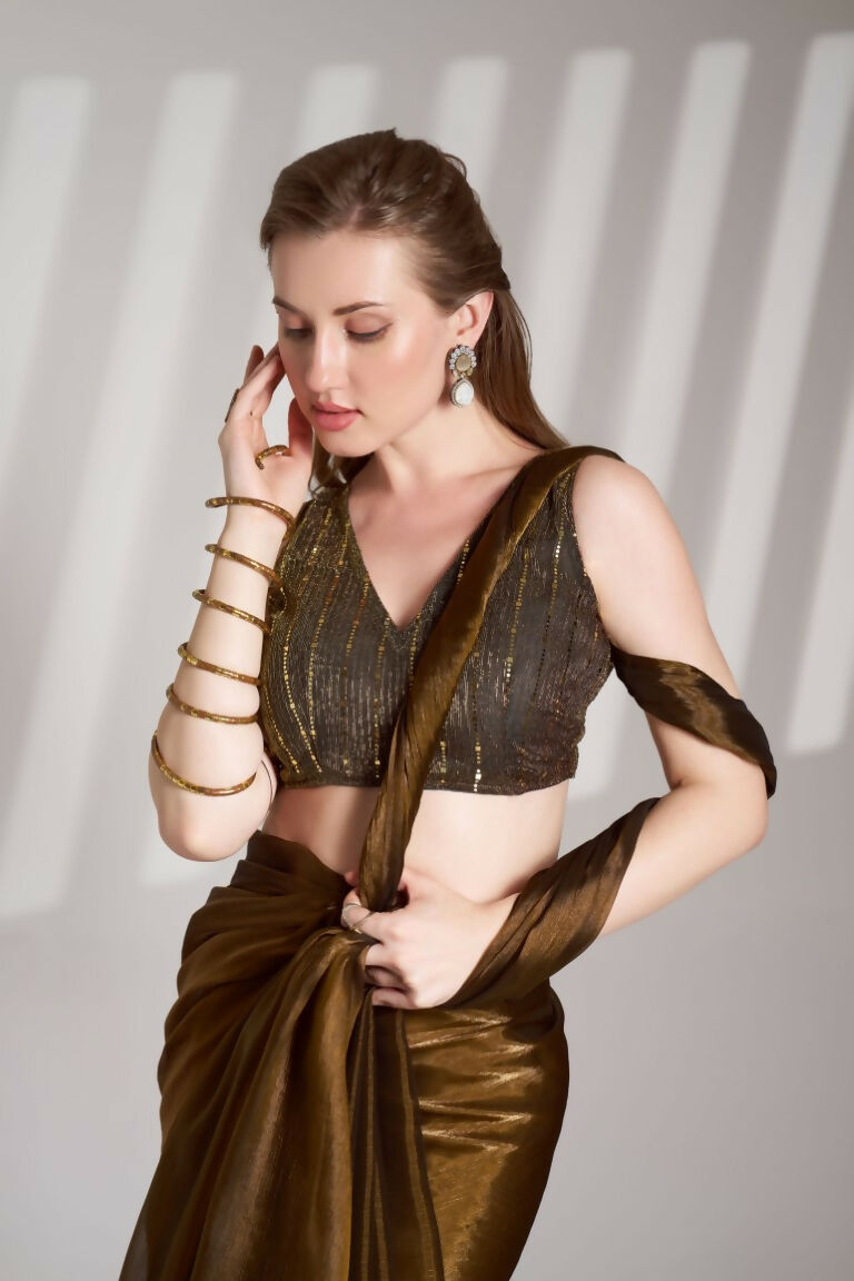Brown Burberry Organza Solid Fancy Designer Saree - Nafisa | Grocsy