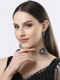NVR Women Black Oxidised Brass-Plated Jhumka Earrings