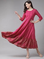 Yufta Magenta Ethnic Motifs Ethnic Maxi Dress | Grocsy