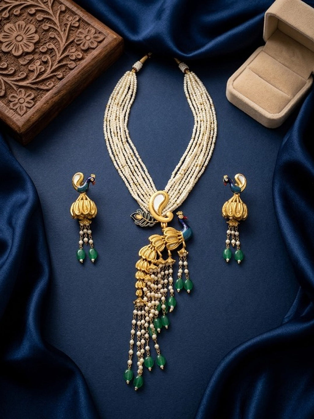 Jewel City Traditional Antique Gold Plated Peacock Kundan Necklace Set With Pearl Strands | Grocsy