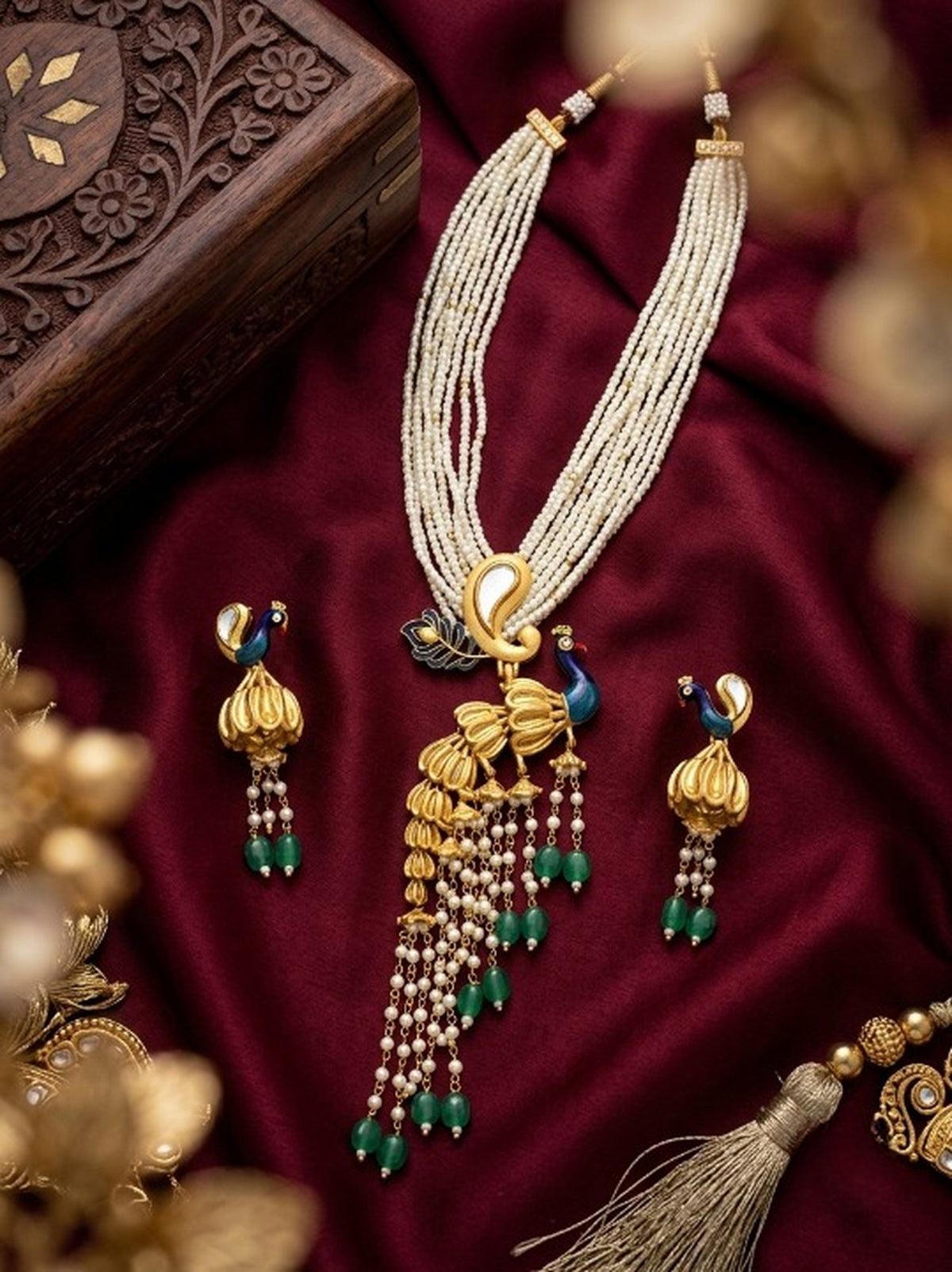 Jewel City Traditional Antique Gold Plated Peacock Kundan Necklace Set With Pearl Strands | Grocsy