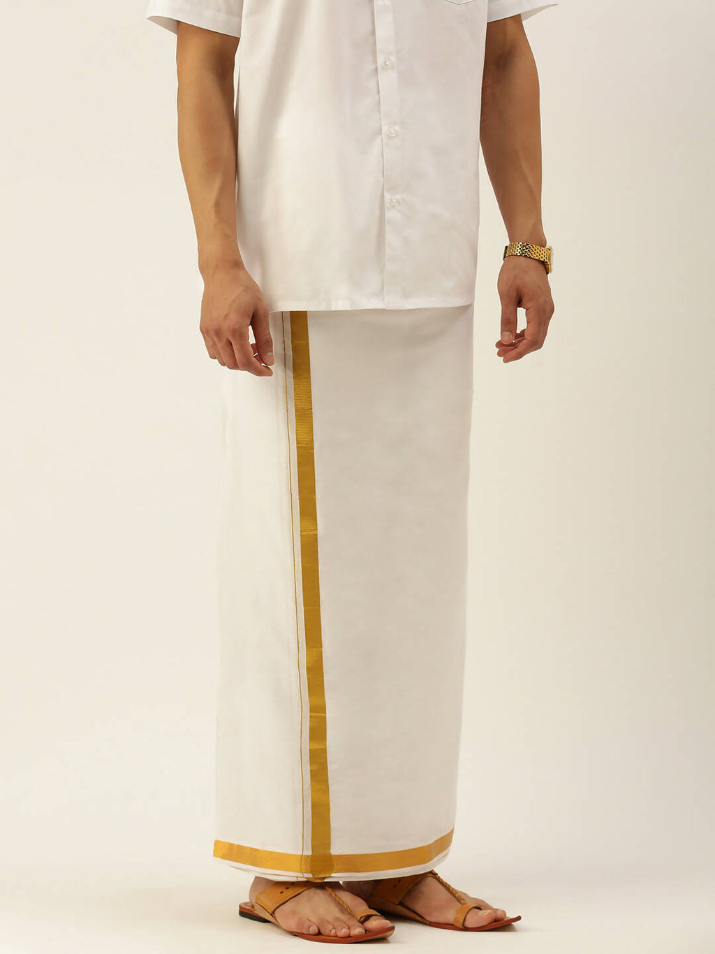Ramraj Cotton Mens Pure Cotton 1 Inch Gold Jari Dhoti - Cream | Grocsy