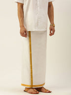 Ramraj Cotton Mens Pure Cotton 1 Inch Gold Jari Dhoti - Cream | Grocsy