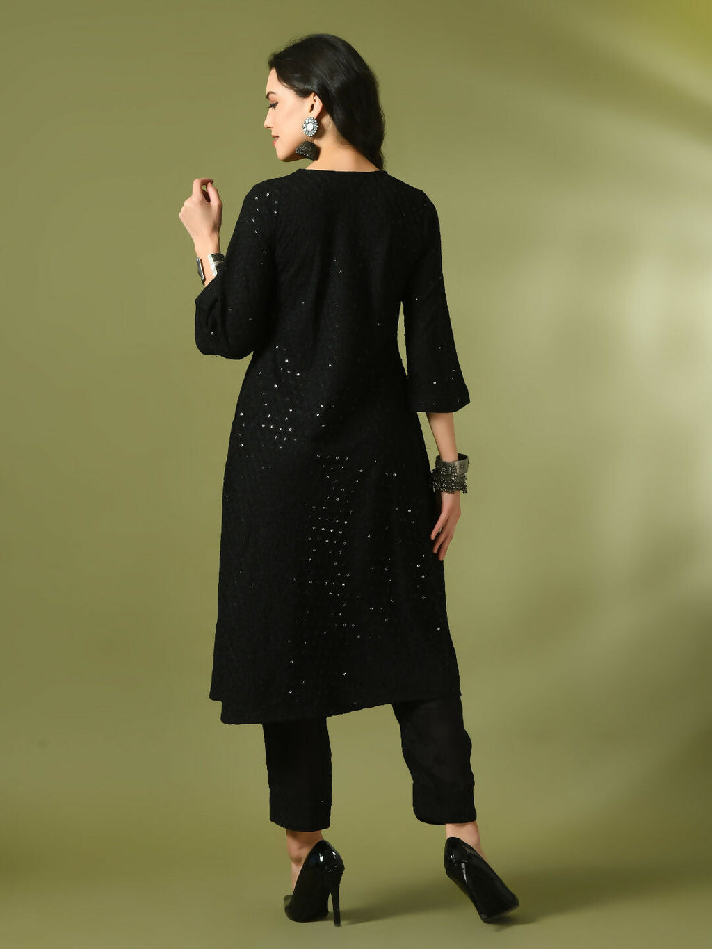 Myshka Women's Black Embroidered Cotton A-Line Party Kurta Set | Grocsy