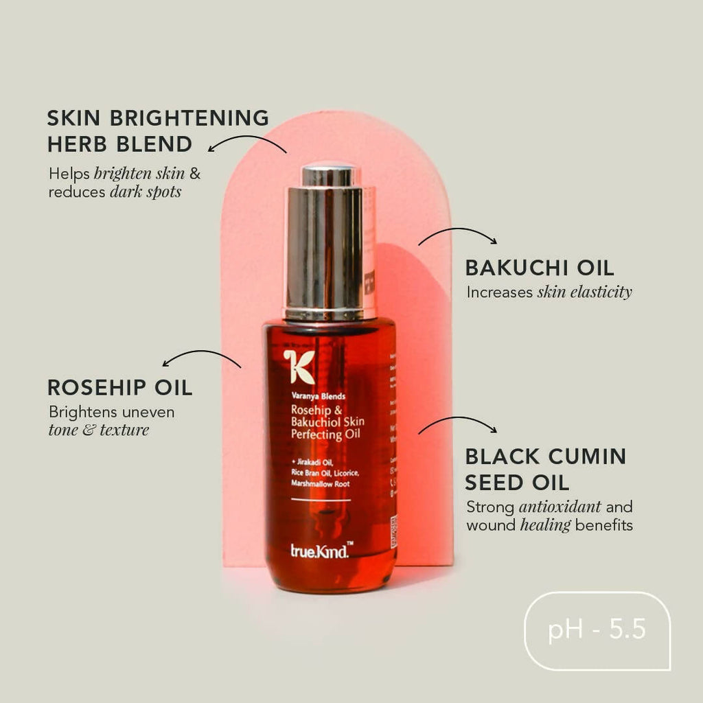 True Kind Varanya Blends Rosehip & Bakuchiol Skin Perfecting Oil | Grocsy