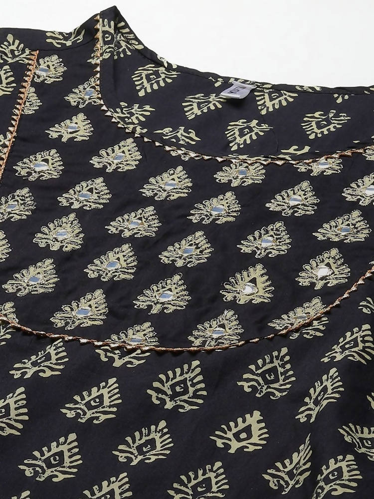 Yufta Women Black Ethnic Motifs Regular Mirror Work Pure Cotton Kurta with Trouser & With Dupatta | Grocsy