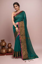 Joban Fashion Green Cotton Blend Handloom Saree | Grocsy