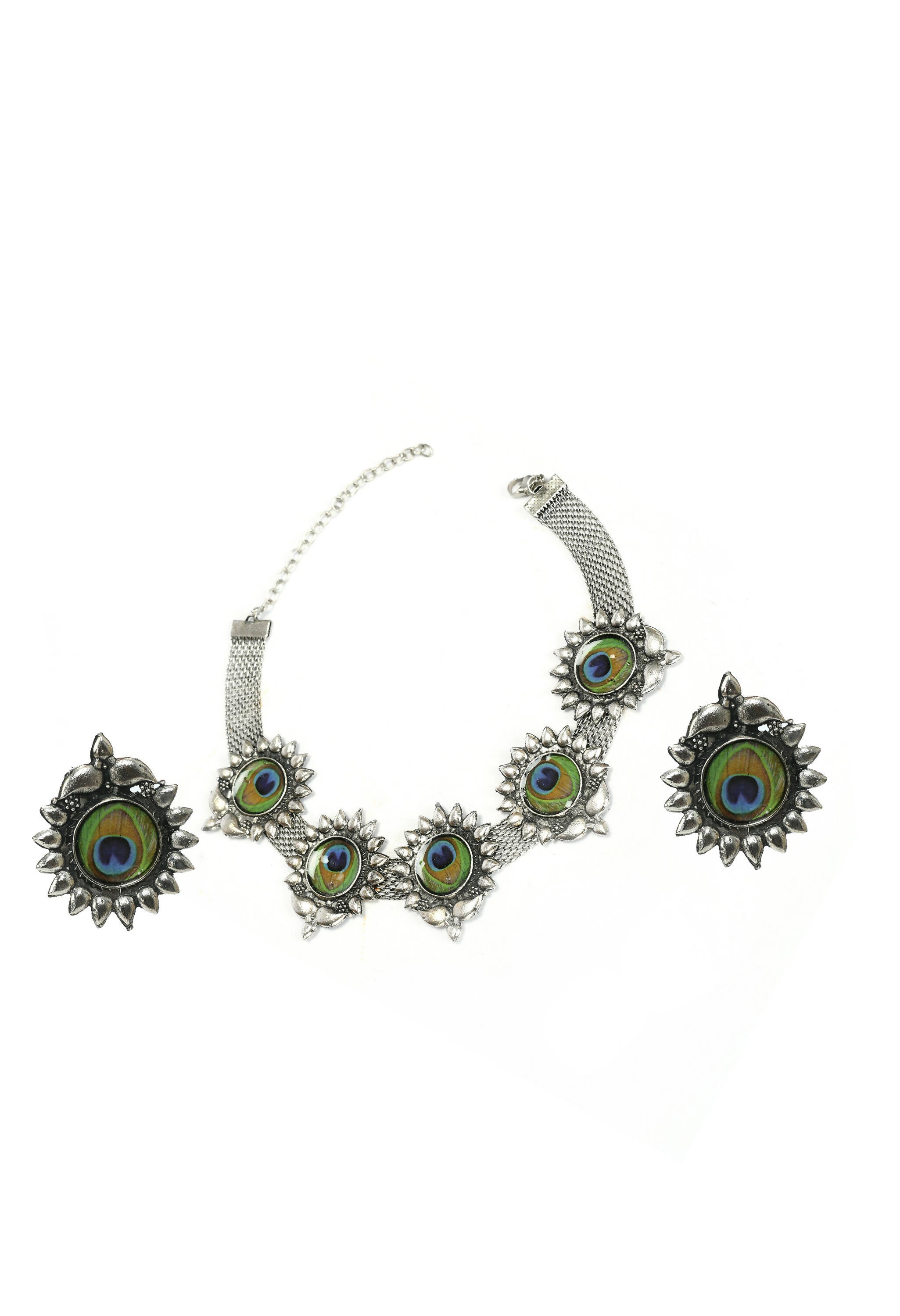 Mominos Fashion Johar Kamal Oxidised Silver-Plated Peacock Wings Work Necklace Handicraft | Grocsy