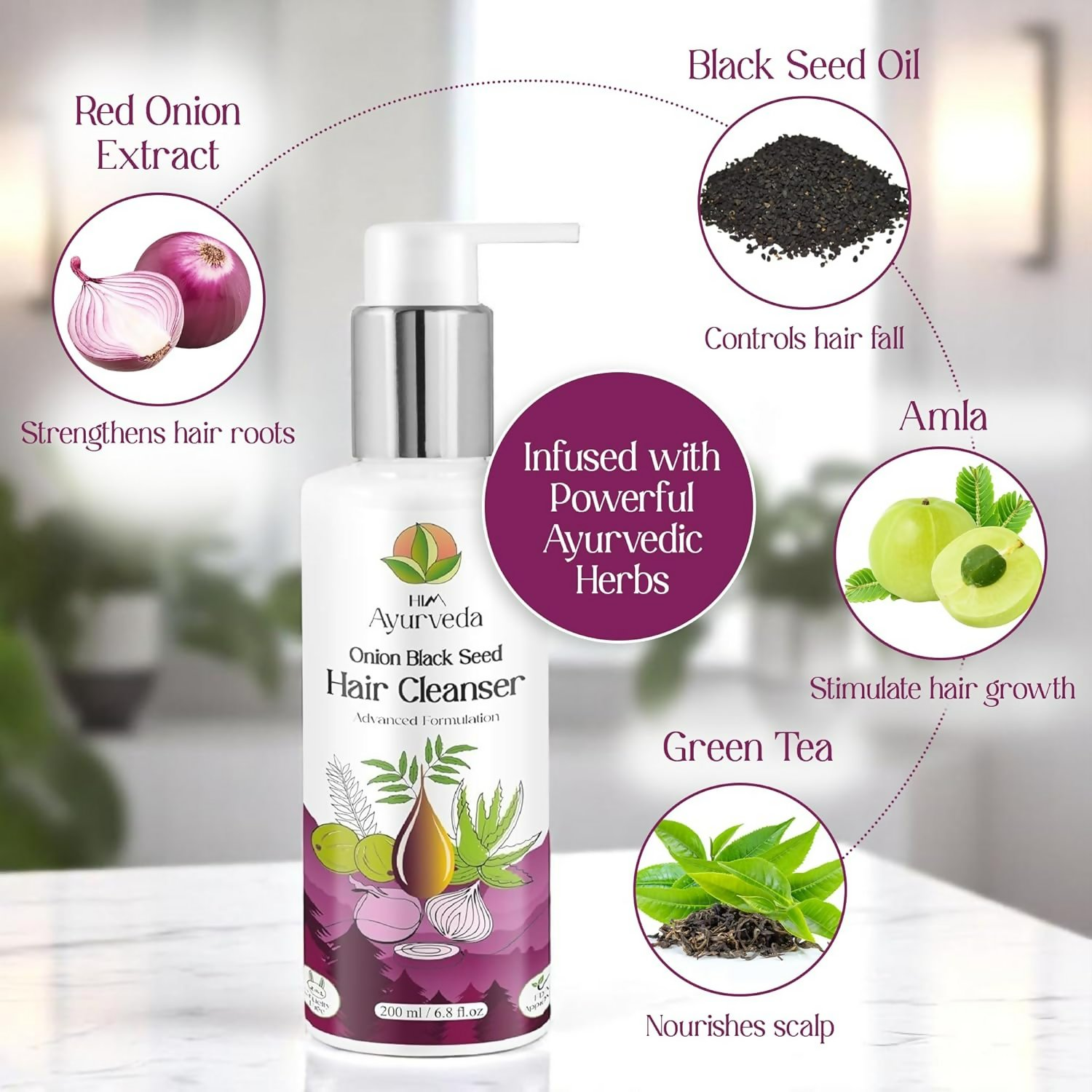 Him Ayurveda Onion Black Seed Hair Cleanser Sulphate & Paraben-Free Shampoo | Grocsy