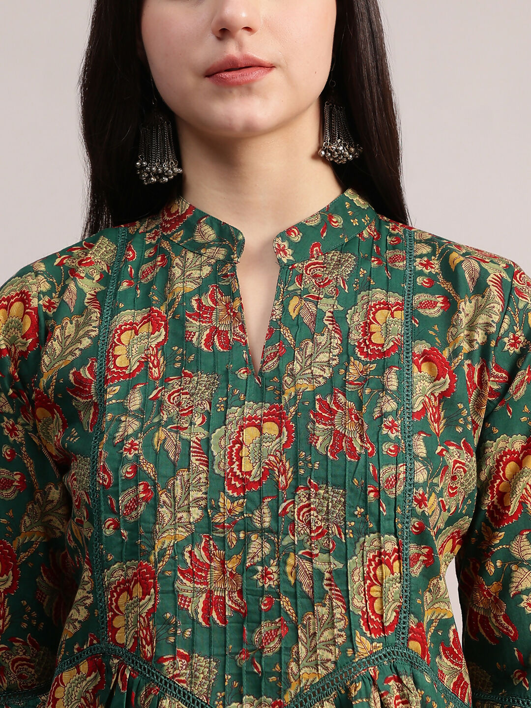 Aavyora Women's Ethnic Floral Printed Tunic - Green with Red & Gold Accents, Pin-Tucked Front, and Flared Hem | Grocsy