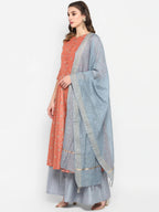 Janasya Women Peach & Grey Floral Print Anarkali Kurta with Palazzos & Dupatta | Grocsy