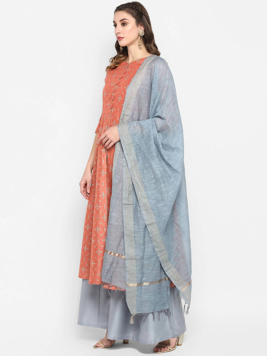 Janasya Women Peach & Grey Floral Print Anarkali Kurta with Palazzos & Dupatta | Grocsy