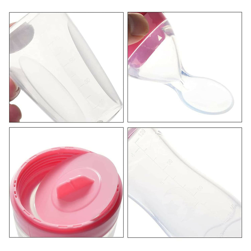 Safe-O-Kid Easy Squeezy Silicone Food Feeder Spoon (Soft Tip) Bottle- Pink- 90mL | Grocsy