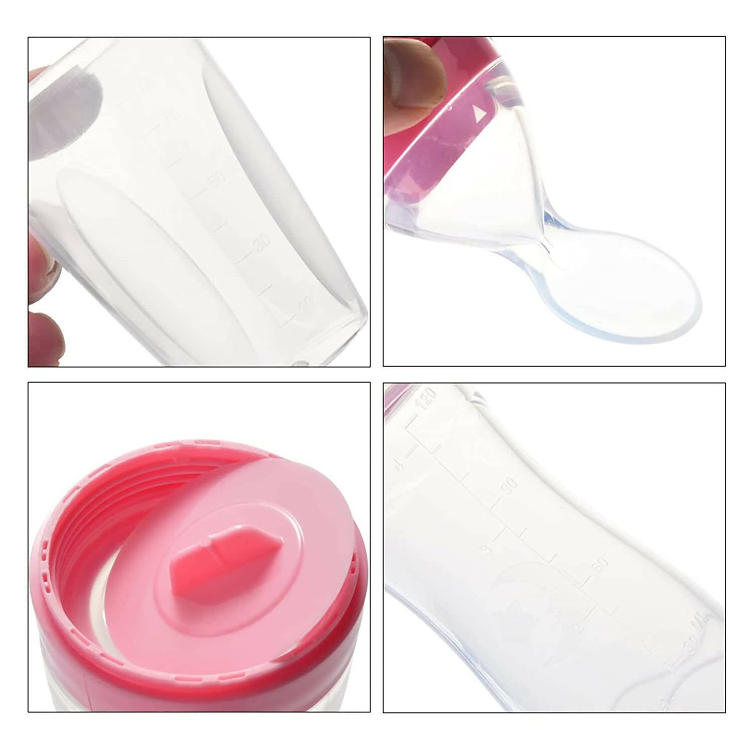 Safe-O-Kid Easy Squeezy Silicone Food Feeder Spoon (Soft Tip) Bottle- Pink- 90mL | Grocsy