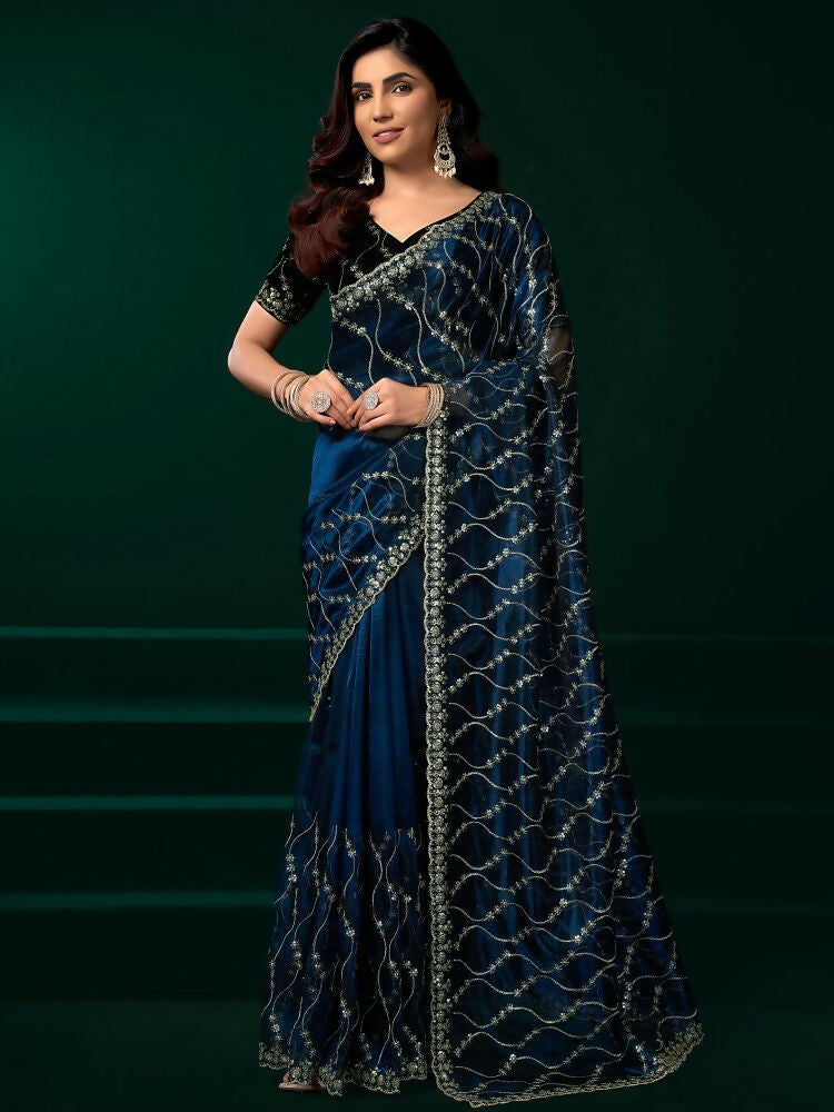 Joban Fashion Navy Blue Net Party Wear Sarees | Grocsy