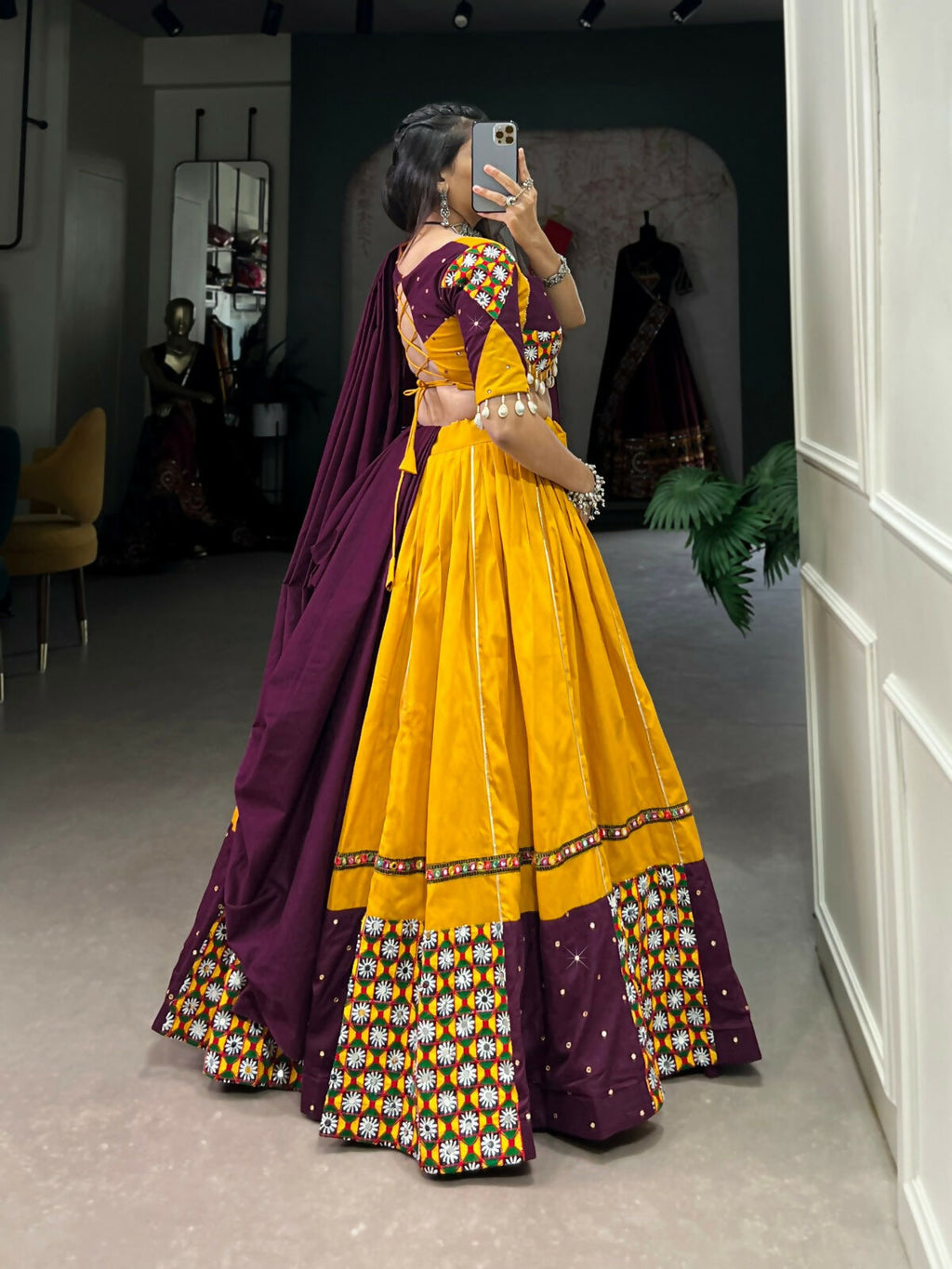 Vastranavya Navaratri Special Pure Cotton Paper Mirror Handwork With Gamthi Work With Gota Patti Touch Up Lehenga with Stitched Blouse - Mustard | Grocsy
