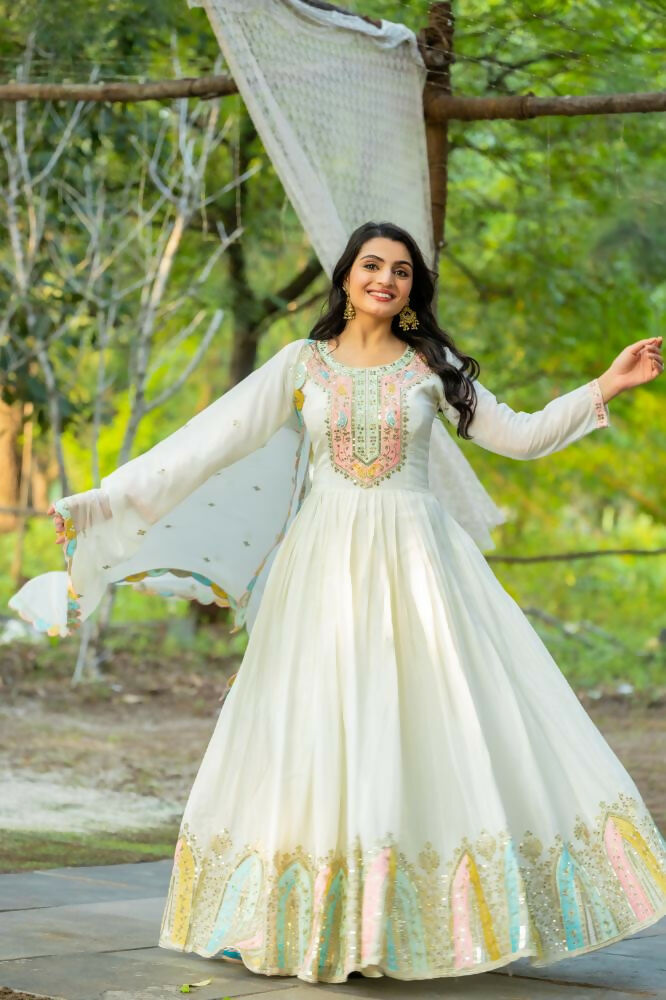 Joban Fashion White Chinnon Silk Sequence Embroidery Work Readymade Kurta Set | Grocsy