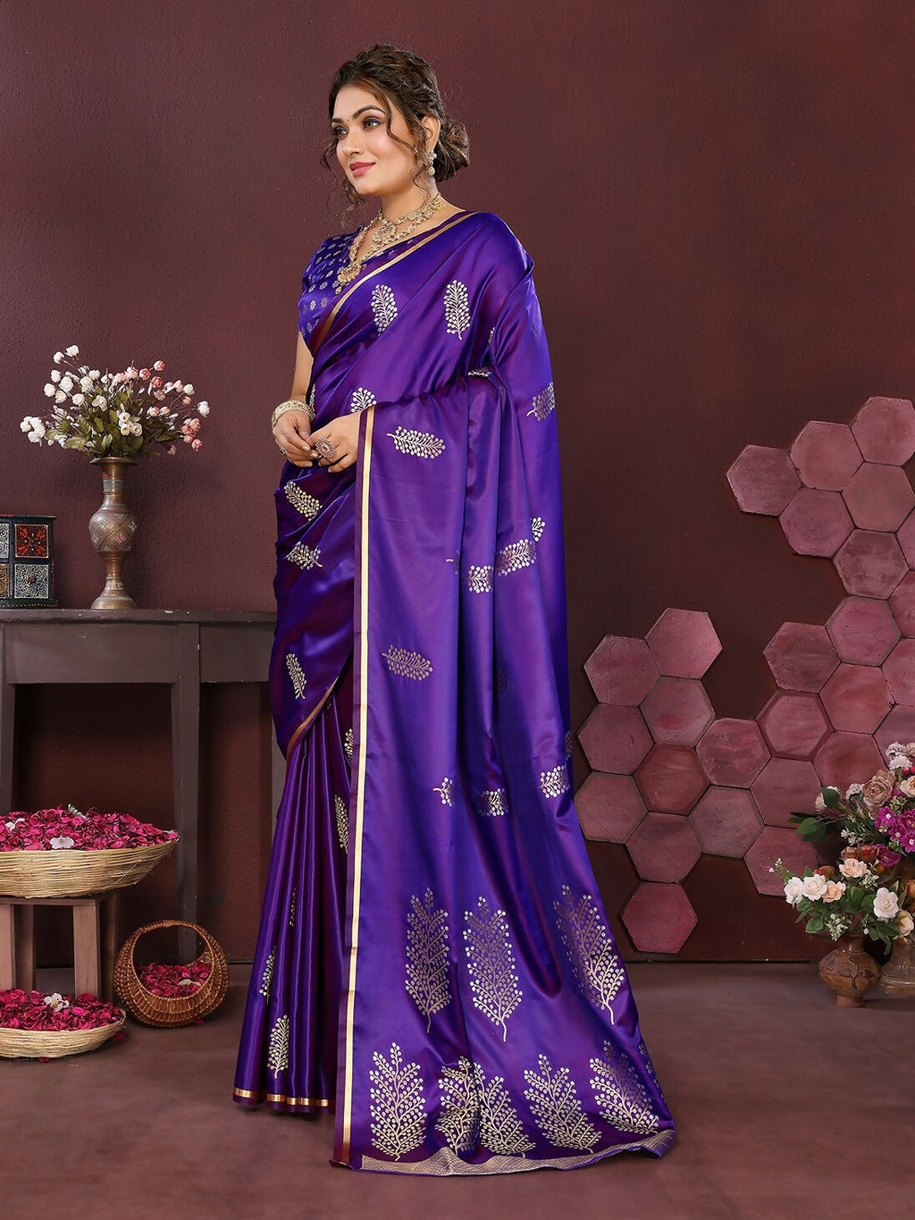 Joban Fashion Purple Floral Motifs Banarasi Silk Sarees | Grocsy