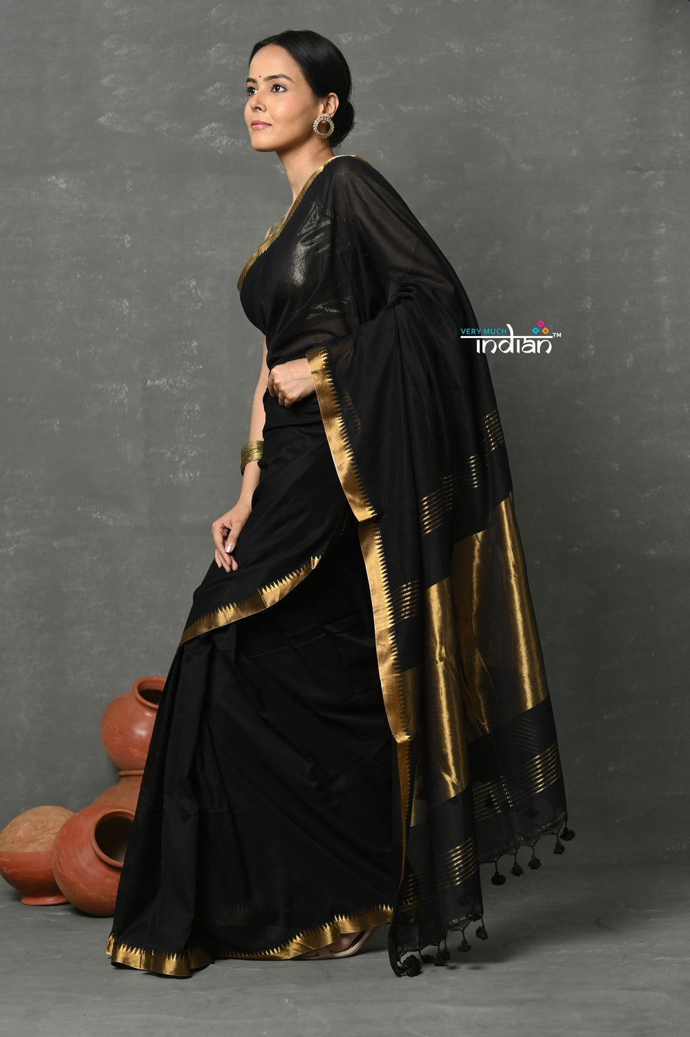 Very Much Indian Designed by VMI ~ Pure High Quality Mul Cotton Handloom Saree - Black Gold | Grocsy