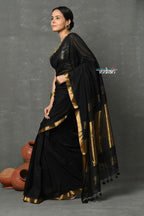 Very Much Indian Tyohaar - Designed by VMI - Pure High Quality Mul Cotton Handloom Saree - Black Gold | Grocsy