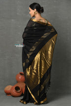Very Much Indian Designed by VMI ~ Pure High Quality Mul Cotton Handloom Saree - Black Gold | Grocsy