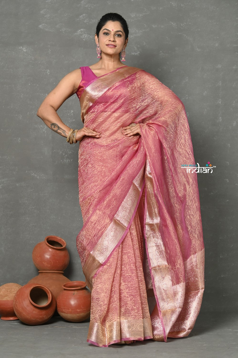 Very Much Indian Tyohaar - Exclusive! Banarasi Handloom Crushed - Pure Tissue Silk Saree - Soft Pink (Silk Mark Certified) | Grocsy