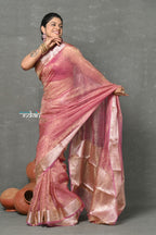 Very Much Indian Tyohaar - Exclusive! Banarasi Handloom Crushed - Pure Tissue Silk Saree - Soft Pink (Silk Mark Certified) | Grocsy