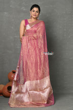 Very Much Indian Tyohaar - Exclusive! Banarasi Handloom Crushed - Pure Tissue Silk Saree - Soft Pink (Silk Mark Certified) | Grocsy