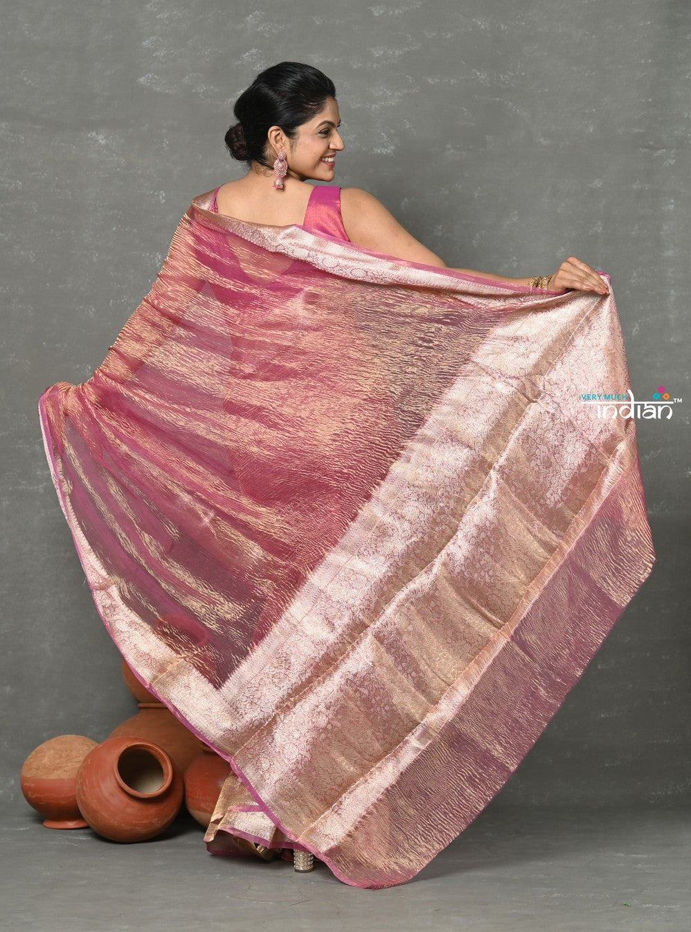 Very Much Indian Tyohaar - Exclusive! Banarasi Handloom Crushed - Pure Tissue Silk Saree - Soft Pink (Silk Mark Certified) | Grocsy